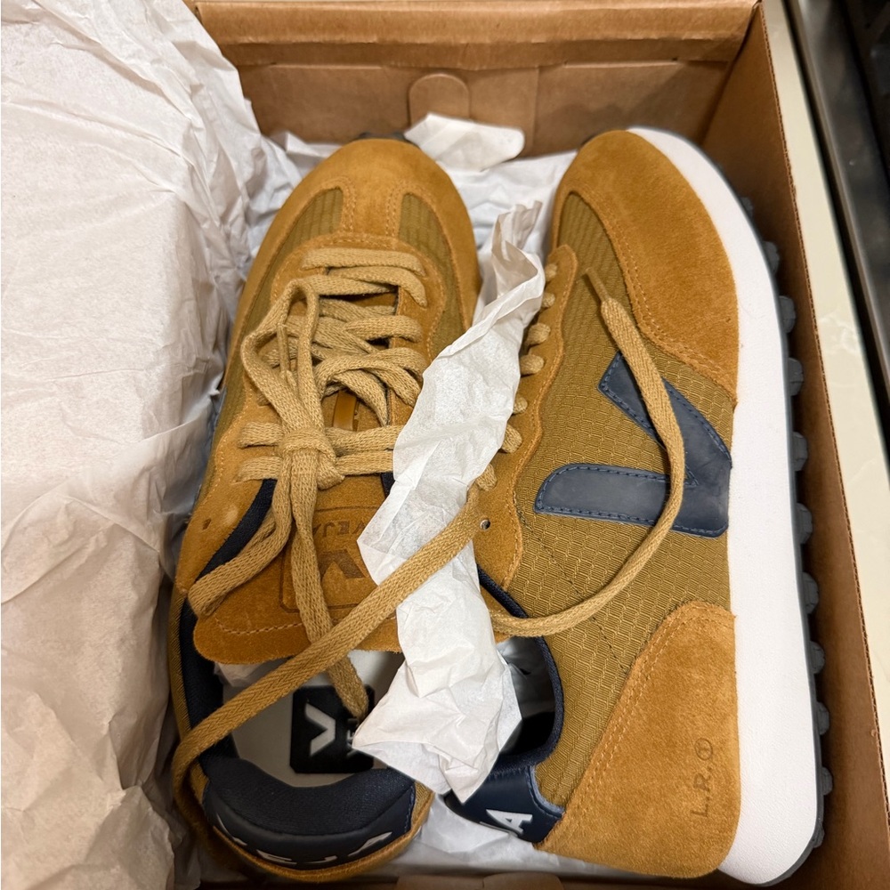 Veja women’s Suede & Textile Sneakers in Camel Brown with Navy Accents